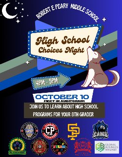 8TH GRADERS JOIN US FOR HIGH SCHOOL CHOICES NIGHT. ESTUDIANTES DE 8.° GRADO ÚNASE A NOSOTROS PARA LA NOCHE DE ELECCIONES DE ESCUELAS SECUNDARIAS.